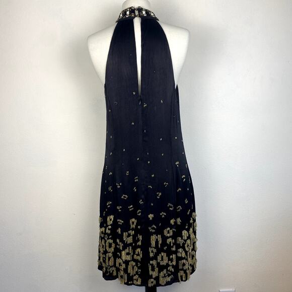 Anthropologie Beaded Halter Dress Black Flapper Gold Sequin Fringe Gatsby Party - Picture 4 of 12